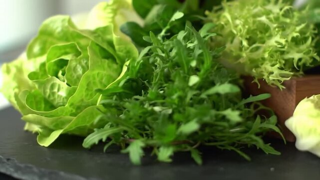 Fresh organic salad greens with arugula and endive on wooden surface