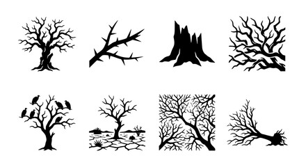 Obraz premium Gothic Silhouette Trees, Bare Branches, Spooky Forest Elements, Dark Nature Vector Set