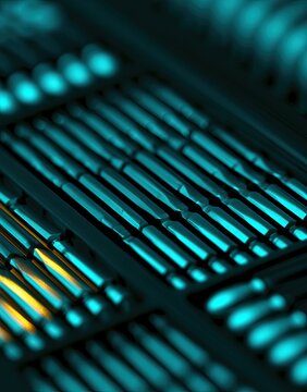 Close-up of metallic tool bits in a grid, illuminated with cyan and gold lighting