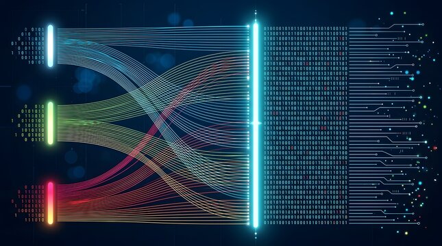 Digital data transfer network routing colorful binary code streams through glowing fiber optic circuit board structure