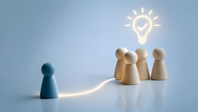 Leadership innovation concept featuring blue wooden figure sharing glowing lightbulb idea connecting team group