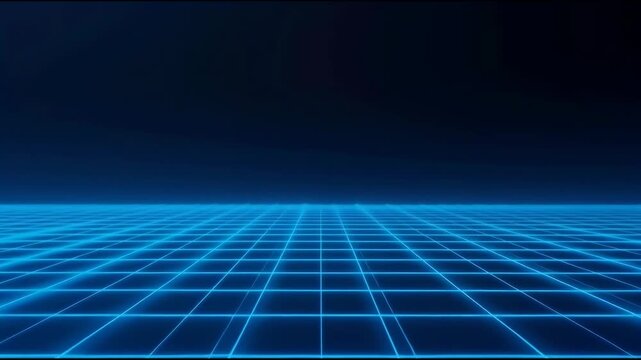 Neon grid floor dark horizon futuristic retro digital landscape glowing blue cyberpunk atmosphere