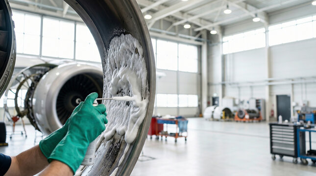 Aircraft engine cleaning foam applied to jet turbine part by technician in aerospace hangar, routine maintenance procedure.