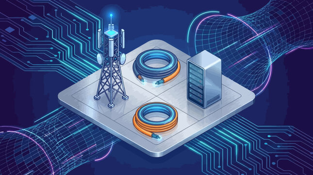 Telecommunication tower, server, and cables on digital circuit board background