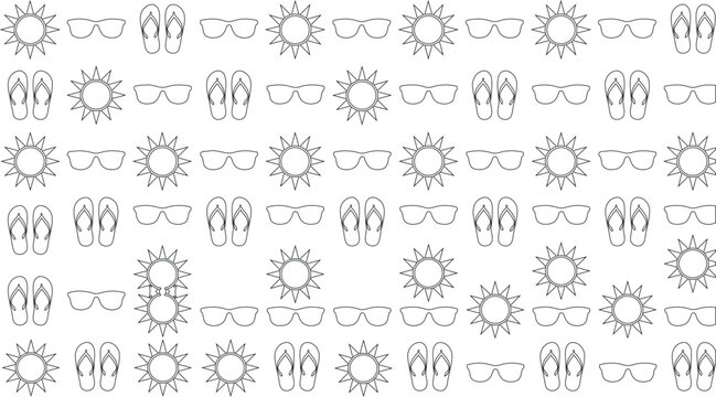 Summer icons of suns and flip flops pattern on white background silhouette