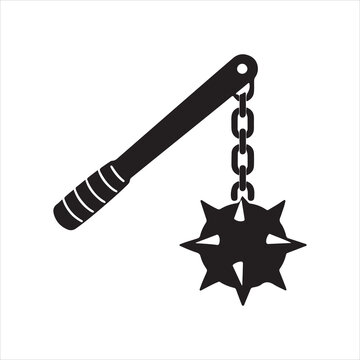 Medieval flail weapon icon with spiked ball and chain isolated on solid white background.