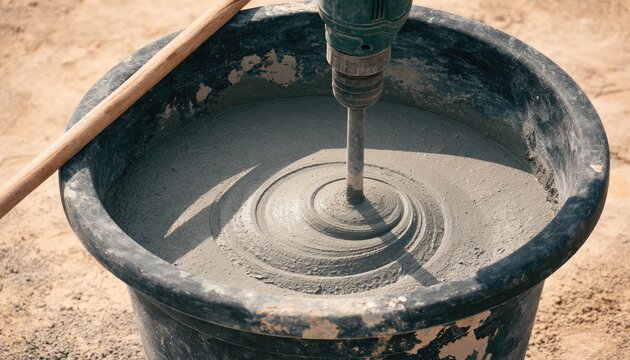 Cement mixer churns gray concrete slurry in a large black tub