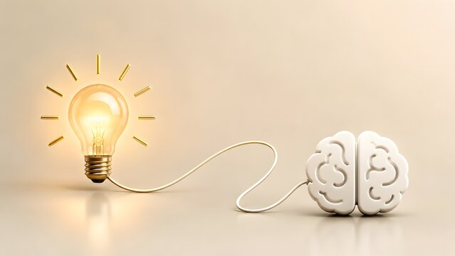 Creative intelligence concept with glowing lightbulb connected to human brain model representing innovation and logical thinking