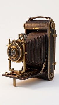 Vintage brass and wood bellows camera with folding design lens markings and antique photographic equipment
