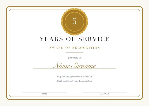 Years of service award certificate template employee anniversary gold blank editable