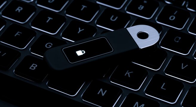 Modern security key with illuminated icon rests on a dark keyboard