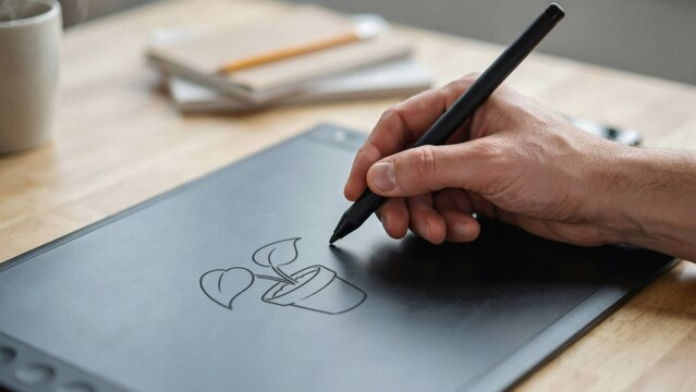 Artist drawing a coffee cup sketch on a digital tablet with a stylus pen