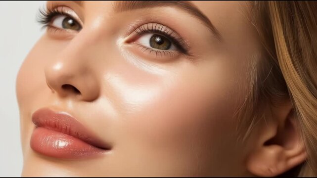 Soft glowing glossy face close up with flawless skin lips closed eyes smooth complexion natural