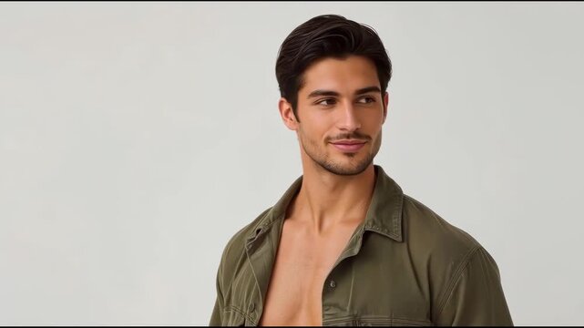 Handsome male young adult with open olive shirt confident calm portrait brown hair olive studio