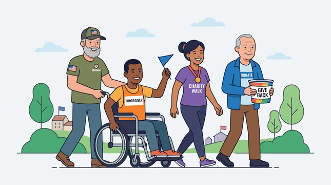 Diverse Group of People Participating in a Charity Walk Fundraising Event