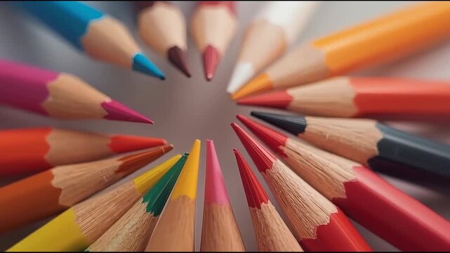 Colorful pencil tips arranged circular arrangement with shallow depth creating vibrant radial