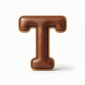 Luxury 3D Brown Leather Letter T Alphabet Character with Detailed Stitching and Textural Finish on White Background