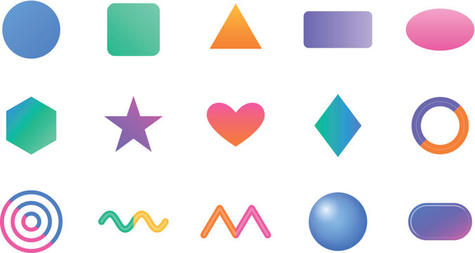 Colorful geometric shapes bundle set featuring vibrant flat design icons for modern graphic design projects and interfaces