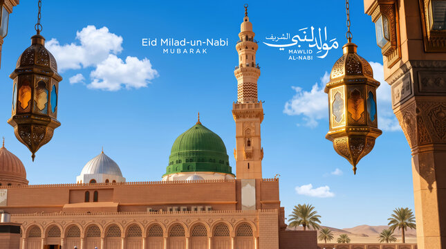 mawlid al nabi or milad un nabi with eid milad un nabi illustration handwritten muhammad calligraphy islamic background banner. Translation "Birthday Of Prophet Muhammad"