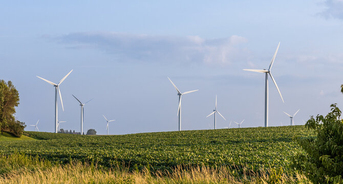 Full frame landscape view of giant wind-powered electrical generators in an agricultural field on a sunny day, with copy space