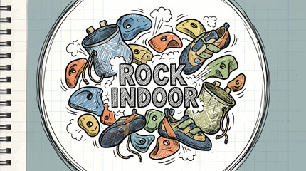 An illustrated circle featuring chalk bags climbing shoes and assorted rock holds surrounding the text ROCK INDOOR © Fauzan Adzima