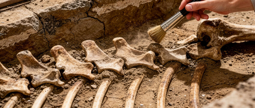 Archaeologist Carefully Cleaning Ancient Fossilized Bones and Vertebrae Remains with a Brush at an Archaeological Dig Site