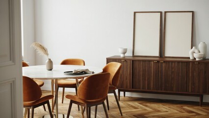 Fototapeta premium Modern dining room interior with a round marble table and velvet chairs