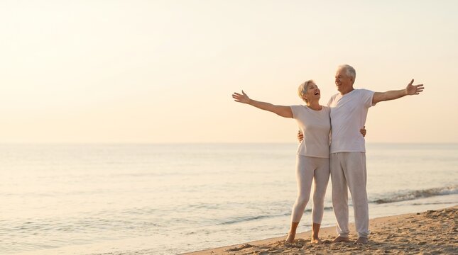 Happy elderly couple with arms outstretched enjoying retirement and freedom on a scenic beach at sunrise