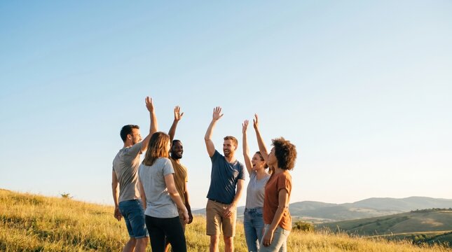 Diverse group of young adult friends raising hands together in victory and celebration outdoors on a sunny hill