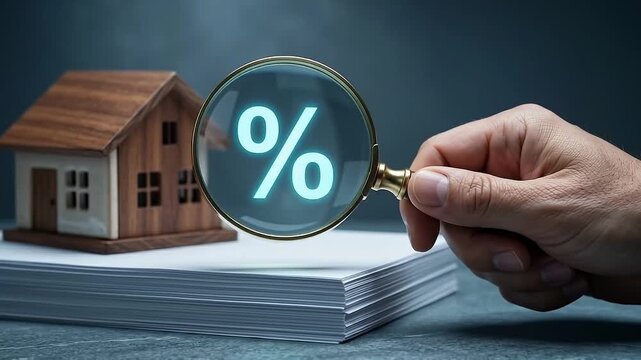 Mortgage interest rate concept magnifying glass focusing percentage symbol near wooden house model stack documents financial analysis home loan details dark background table