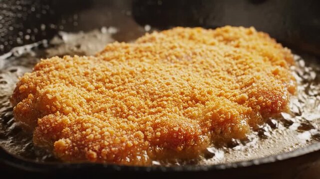 Golden breaded schnitzel frying in hot oil inside a cast iron pan for a hearty meal