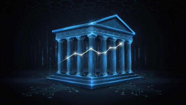 Digital representation of a bank building with a growth chart