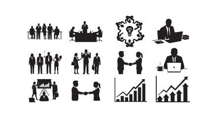 Obraz premium Professional business silhouettes depicting office meetings teamwork and data analysis.