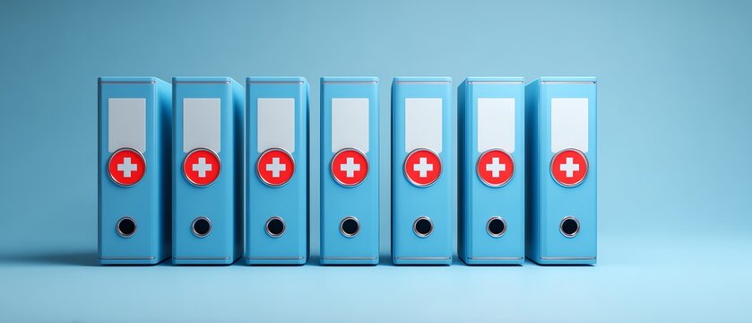 Organized medical files in blue binders.