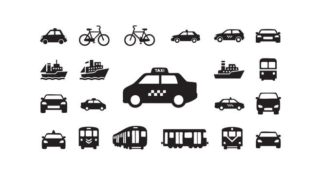 Public transportation icons set with cars taxis bicycles trains and ocean freight ships.