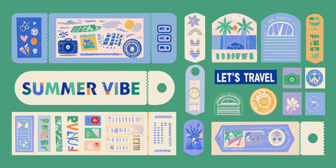 travel stickers in colorful retro style design summer vibe vacation theme illustration art ticket shapes palm trees cameras sunglasses beach scenes vector graphics © Lalin