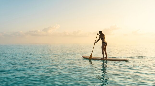 Young adult woman paddleboarding on calm ocean water at sunrise for vacation wellness and fitness lifestyle
