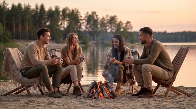Four young adult friends laughing together around a campfire on a lake beach at sunset, enjoying camping and outdoor vacation