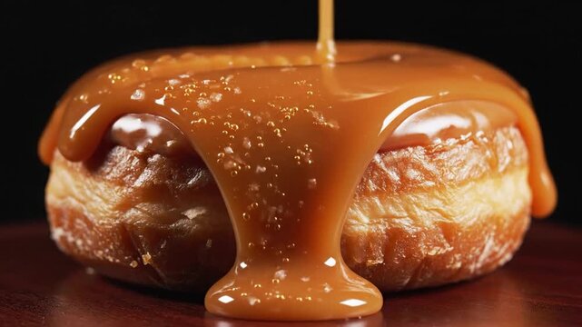 Golden caramel glaze dripping down a delicious fried donut against a black backdrop