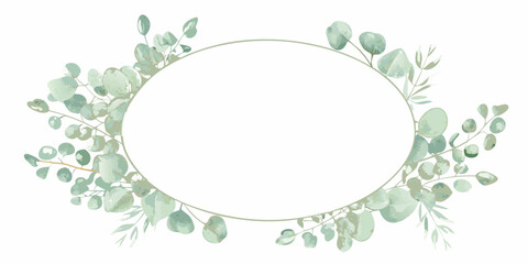 circular wreath with watercolor eucalyptus leaves on white background green floral frame botanical nature circle ornament decoration artwork illustration design pattern minimalist soft © Lalin