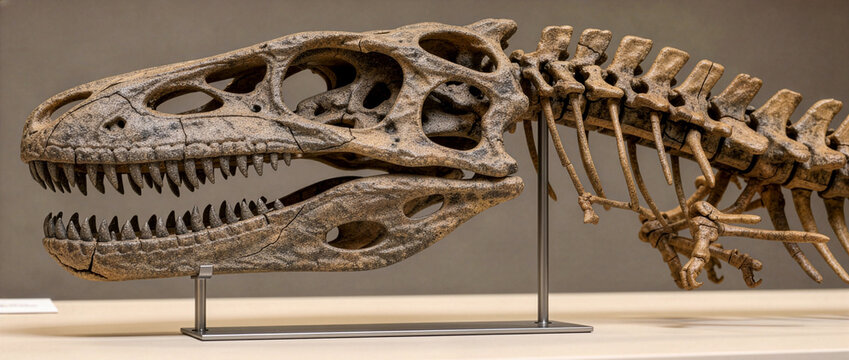 Detailed Fossilized Dinosaur Skull and Vertebrae Displayed on Stand in Paleontology Museum Showcase with Sharp Teeth and Intricate Bone Structure