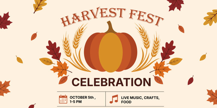 Harvest fest celebration poster with pumpkin and autumn leaves