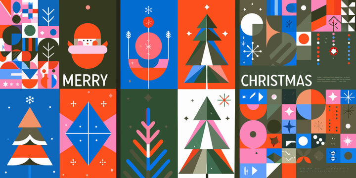 modern geometric christmas posters with abstract shapes vector illustration pattern design holiday seasonal festive decorative artwork graphic print background colorful triangle circle square