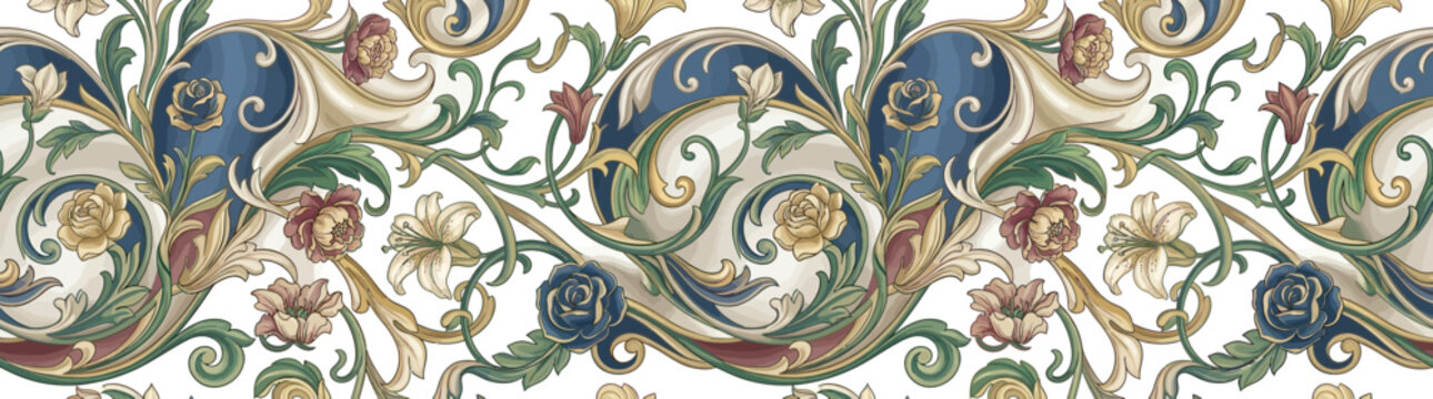 Vintage floral scrollwork pattern with roses and leaves