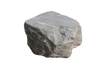 Obraz premium Perspective view of a raw grey limestone block with white calcite veins and rough texture, isolated on white background. Studio shot.