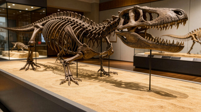 Fossilized Prehistoric Dinosaur Skeleton Displayed in a Natural History Museum Gallery Exhibit with Detailed Skull Bones and Open Mouth Structure