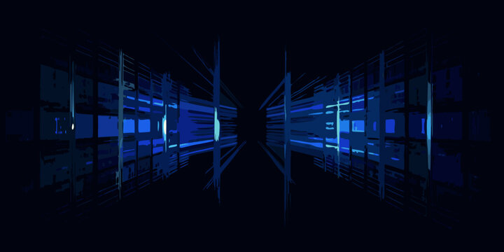 server racks in dark room vector illustration data center network equipment technology perspective symmetrical view blue lights servers storage infrastructure industrial hardware digital