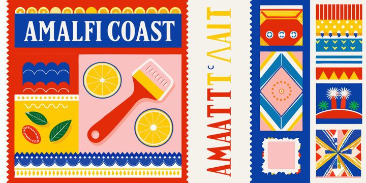 amalfi coast vibrant travel poster with colorful patterns lemon slices zester tool italian culture vector art illustration graphic design tourism vacation seaside summer