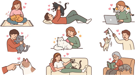 Happy cat owners petting grooming and playing with their cute feline pets cozy home lifestyle vector illustration collection
