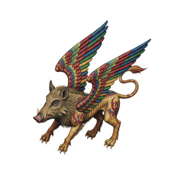 Fantasy Winged Wild Boar Creature with Ornate Decorative Patterns